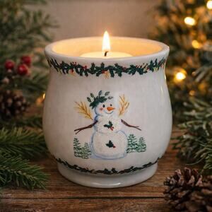 White Barn Snowman Candle Holder Tea Light Christmas Holiday Decor Ceramic